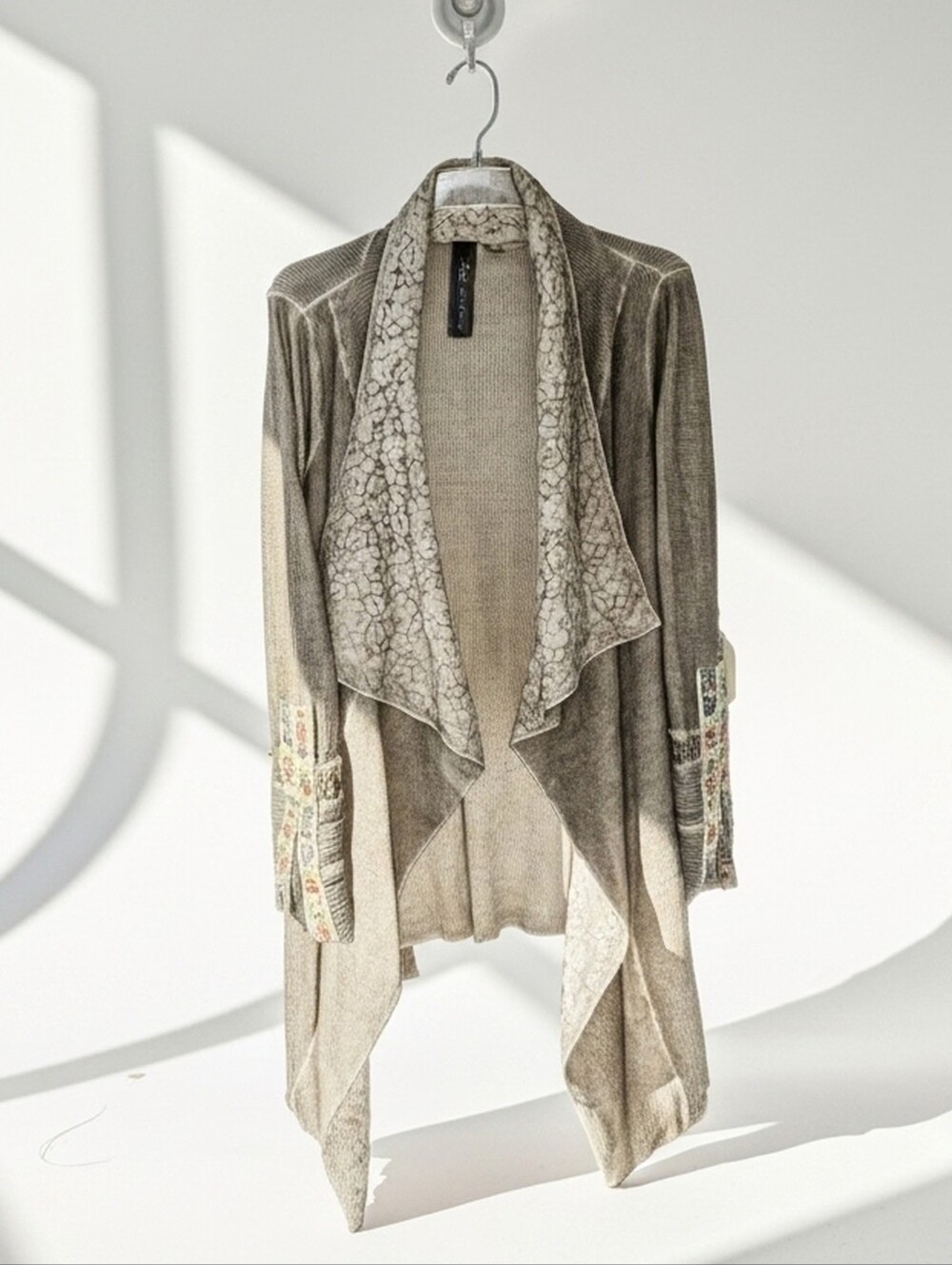 Aratta Taupe Draped Open-Front Cardigan with Jacquard Embroidered Trim OS